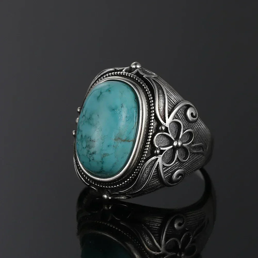S925 Sterling Silver Ring Vintage Ring Gemstone Ring Silver Fine Jewelry Natural Turquoise Rings