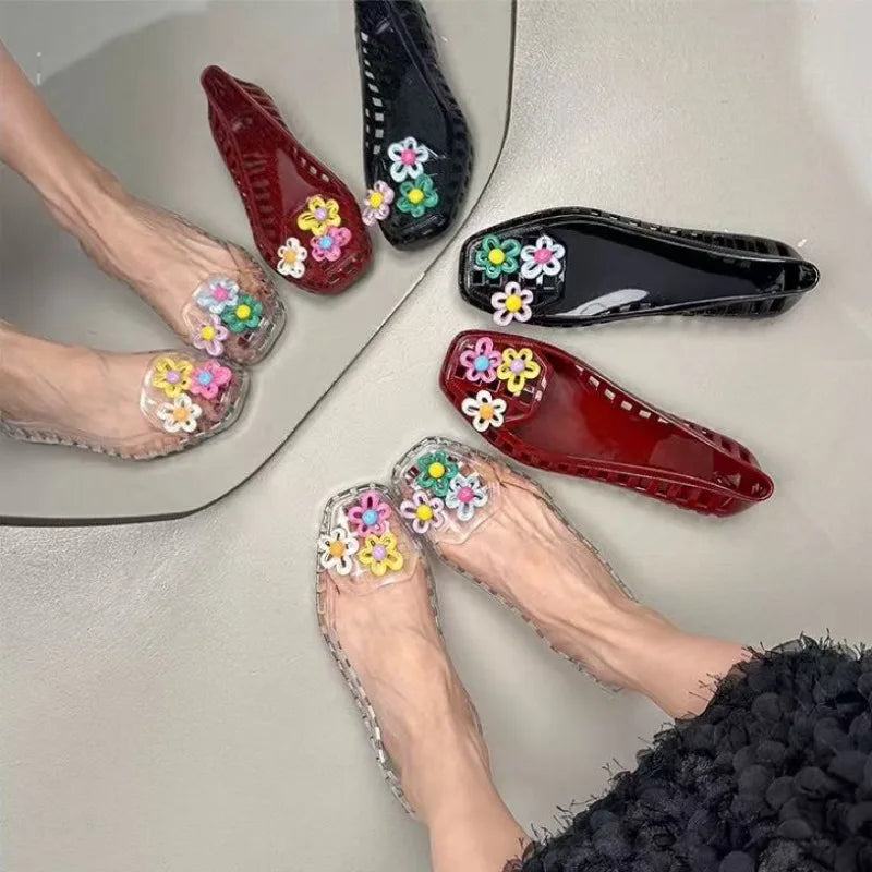 Transparent Crystal Jelly Sandals Hollow Slippers Korean Design Shoes Women's Sauare Toe Shallow Slip Ballet Square-toed Shoes