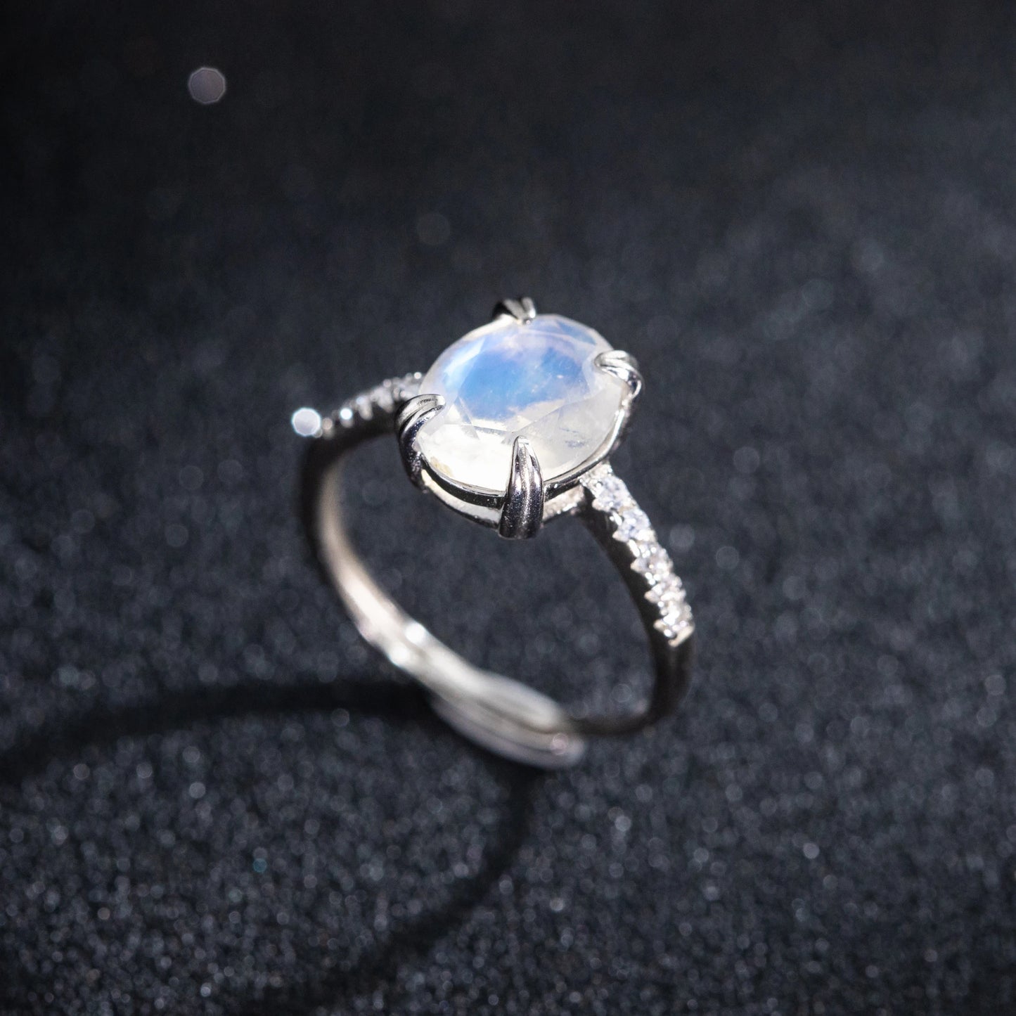 925 Sterling Silver Minimalist Oval Shaped Natural Moonstone Ring Blue Gemstone Engagement Jewelry for Women Half Eternity Band