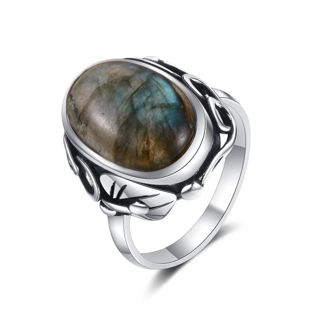 S925 Silver Ring Natural Lapis Lazuli White Chalcedony Moonstone Ring Large Stone 11x17MM Oval Jewelry for Women