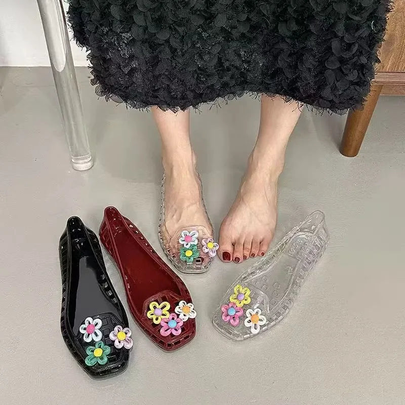 Transparent Crystal Jelly Sandals Hollow Slippers Korean Design Shoes Women's Sauare Toe Shallow Slip Ballet Square-toed Shoes