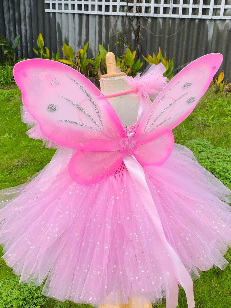 Girls Pink Fairy Dress Kids Glitter Tutu Flower Dresses with Wing and Stick Hairbow Children Birthday Halloween Party Costumes