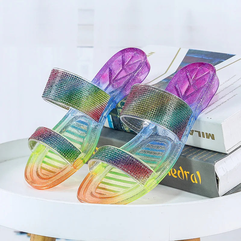 Rainbow Slippers Woman Summer Beach Sandal Outdoor Soft Non Slip Flip Flops Cloud Female Jelly Crystal Shoes Slides Outdoor