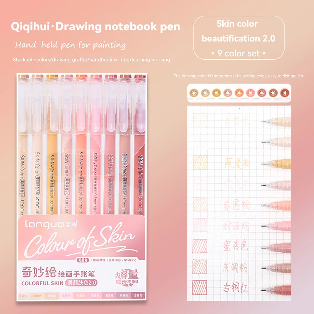 Languo Gel Pen Large Capacity Handbook Pens 6/9Pcs 0.6mm Student Art Diy Doodling Drawing Markers Office Kawaii Art Stationery