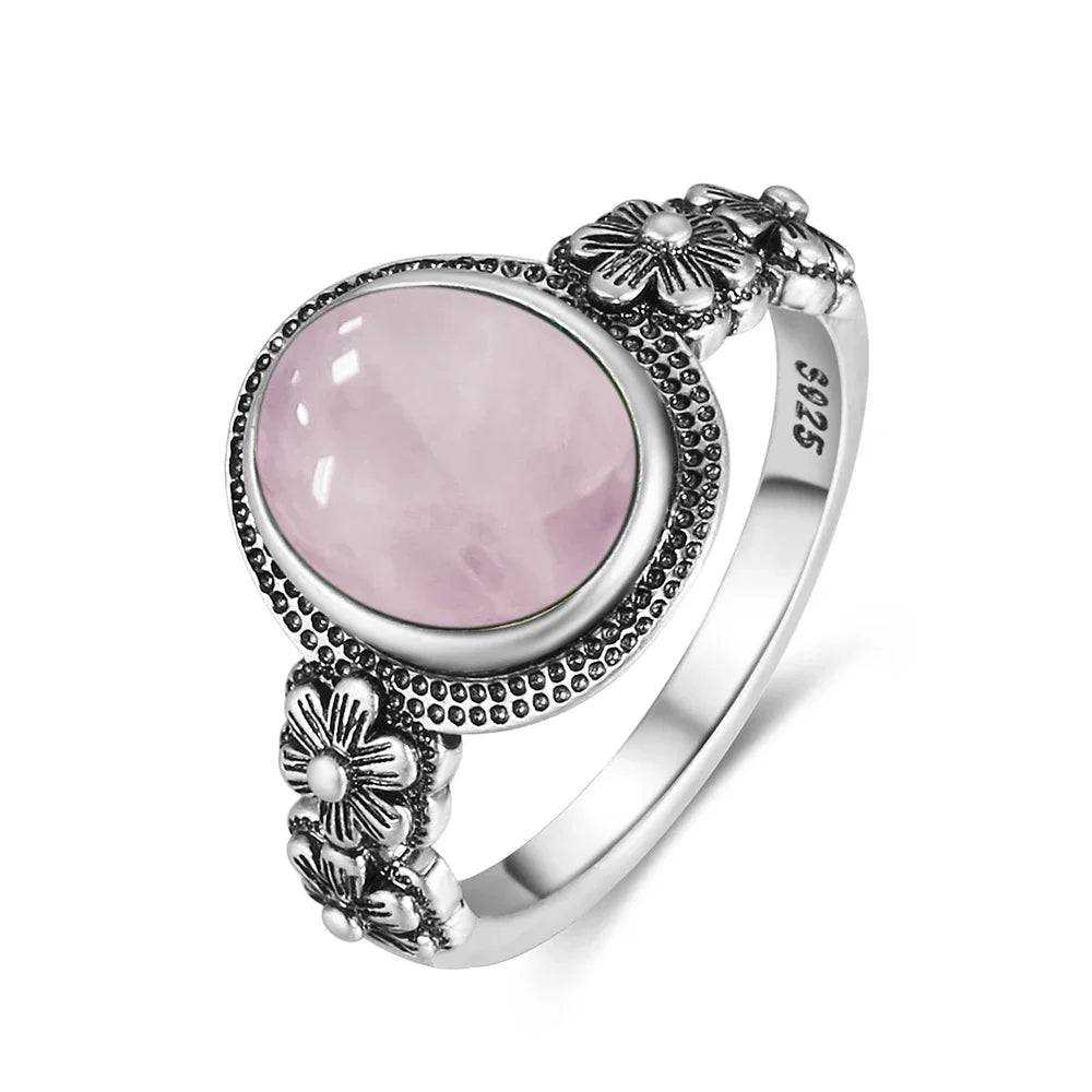 S925 Sterling SilverRing for Women Oval Round Natural Rose Quartz Ring Gift Sun Shaped Retro Luxury Fashion Fine Jewelry