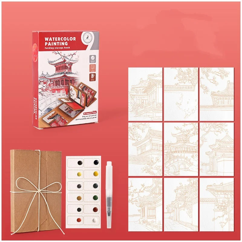Bview Art Artistic Watercolor Kit: 12-Pan Solid Paints with Expandable Kraft Paper Folder, Compact Travel Painting Supplies