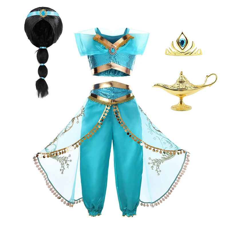 Girls Princess Jasmine Cosplay Costume Set Kids Arabian Outfit With Wig Crown Lamp Halloween Carnival Birthday Party Fancy Dress