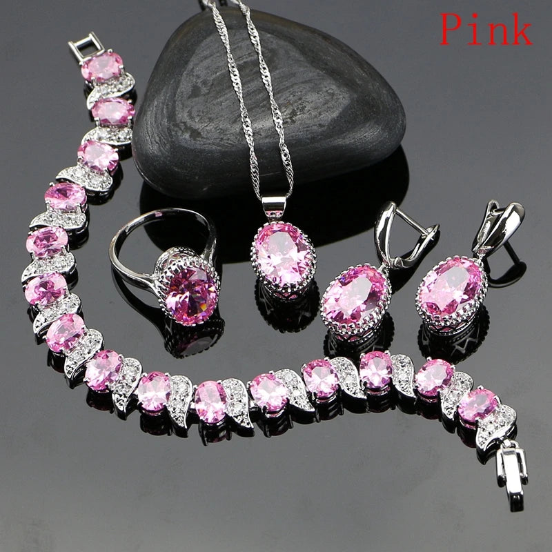 Natural 925 Silver Jewelry Red Birthstone Charm Jewelry Sets Women Earrings/Pendant/Necklace/Ring/Bracelets T055