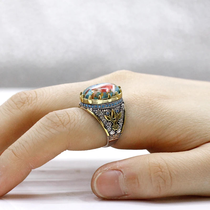 S925 Silver Natural Oyster Turquoise Hip Hop Türkiye Handmade Men's Ring Women's Luxury Jewelry Party Couple's Birthday Gift