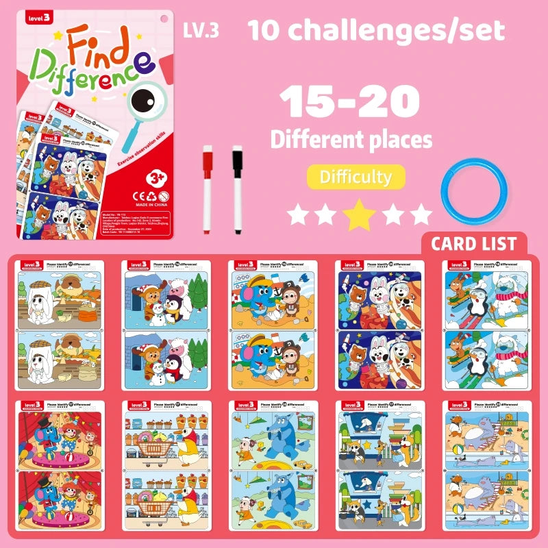 Find the Difference Game Concentration Training Set 10 Sheets/Set, Reusable Reverse Answer, Interactive Observation Skills Development Fun Educational Toys
