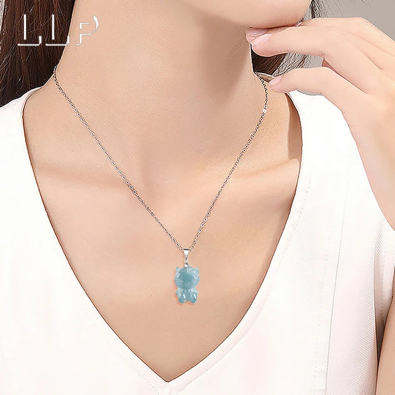 Natural Blue Water Jade Kitty Cat Pendant S925 Silver Clasp Hand Carved Cute Girl Accessory Birthday Gift