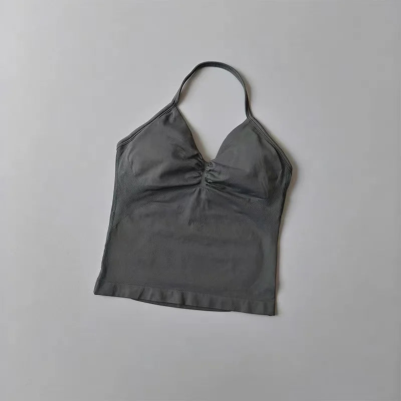 Sexy Halter Neck Beautiful Back High Waist Peach Sports Bras Shorts Suit Pilates Gathering Yoga Vest Training Fitness Bra Sets