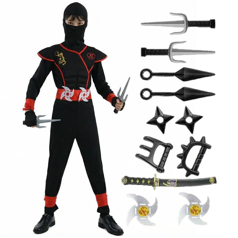 Black and Blue Ninja Costume for Kids Halloween Cosplay Party Outfit with Mask Toy Gift for Boys and Girls Holiday Party Costume