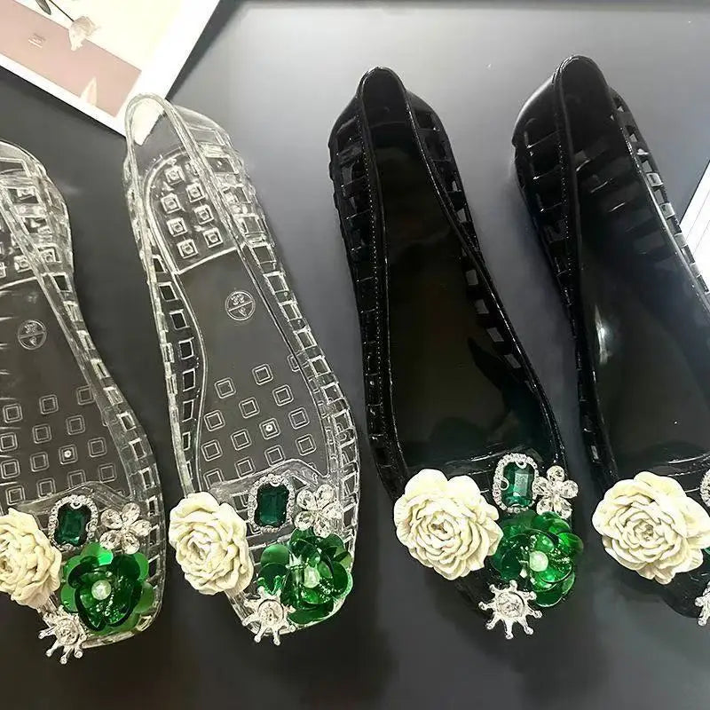 Super popular transparent jelly shoes crystal lazy shoes retro holey shoes shallow toe DIY square-toe fashionable women's shoes