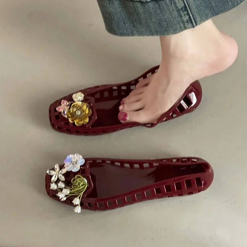 Korean Style High Grade Crystal Jelly Shoes Square Toe Hollow Out Flat Pearl Flower Decoration Summer Casual Shoes For Women