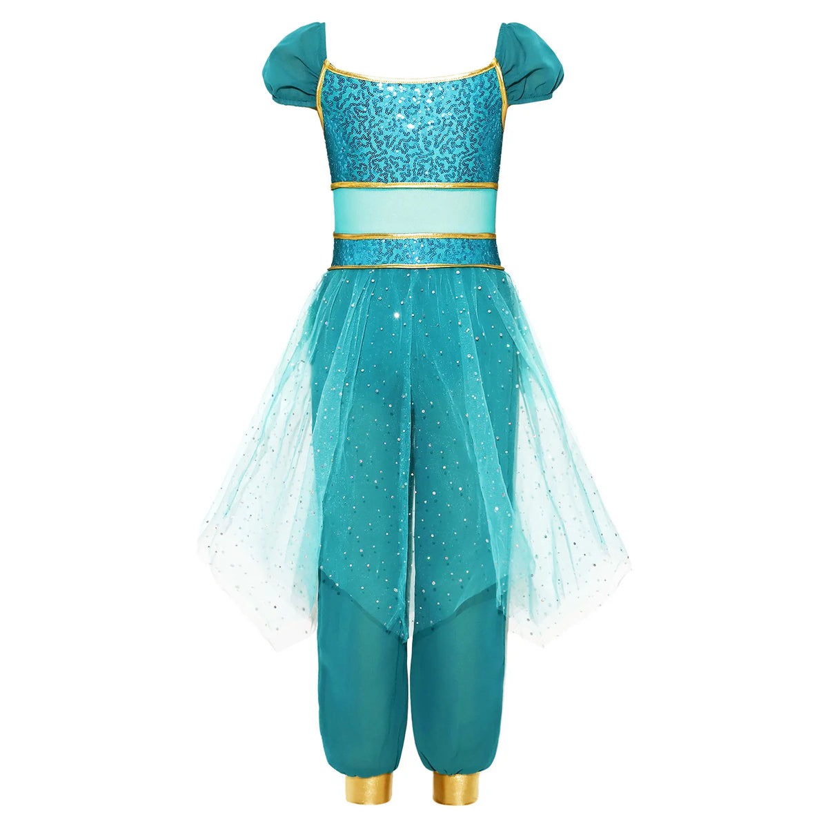 Children's Sequined Tulle Overlay Jumpsuit for Girls Arabian Princess Cosplay Costume Belly Dance Rompers for Halloween Outfit