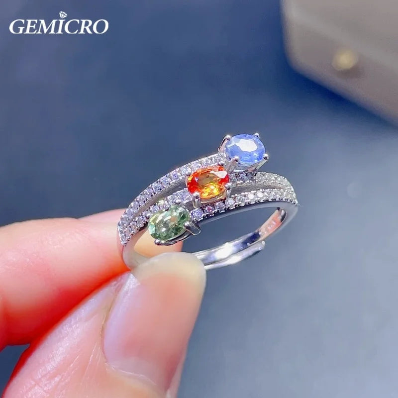 Gemicro Natural Colorful Sapphire Rings with Stones of 3X4mm and S925 Sterling Silver for Women Gifts and Birthstone Gem Jewelry