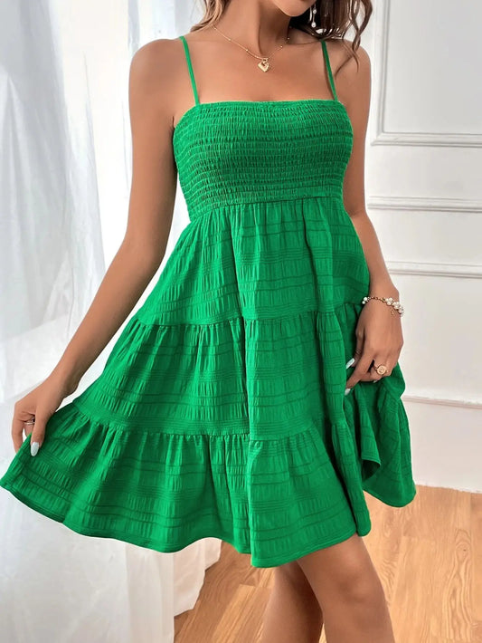 Women's Fashion Spaghetti Strap Smocked Bustier Mini Dress Blue Ruffled Tiered Swing Dress Summer Casual Vacation Beach Wear