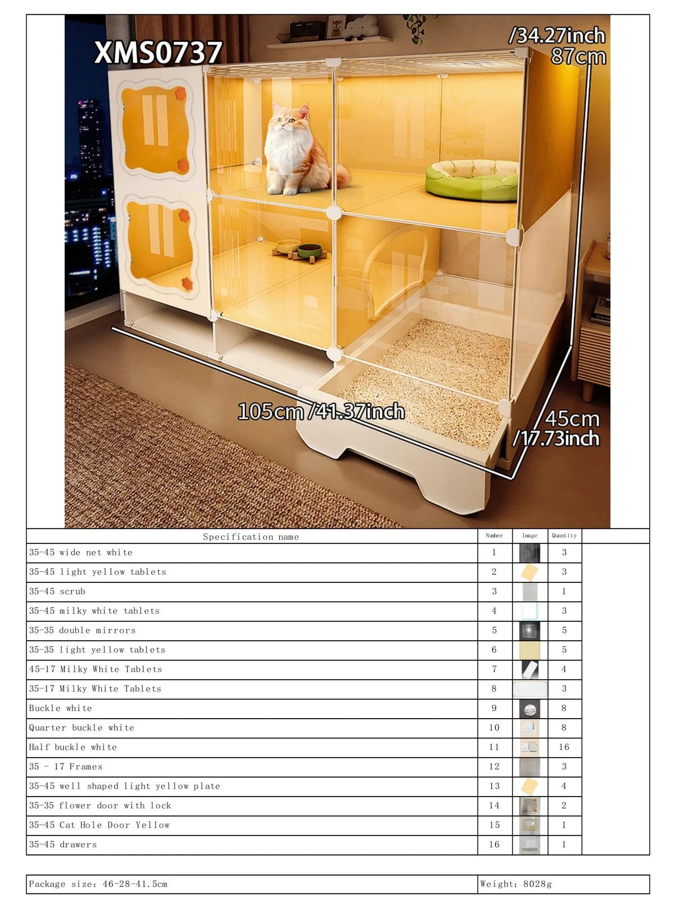 Cat Cage with Drawer-Type Litter Box, Indoor Kitten House with Toilet, Cat Cabinet with One Bedroom, One Living Room, and One Bathroom, Kitten Villa