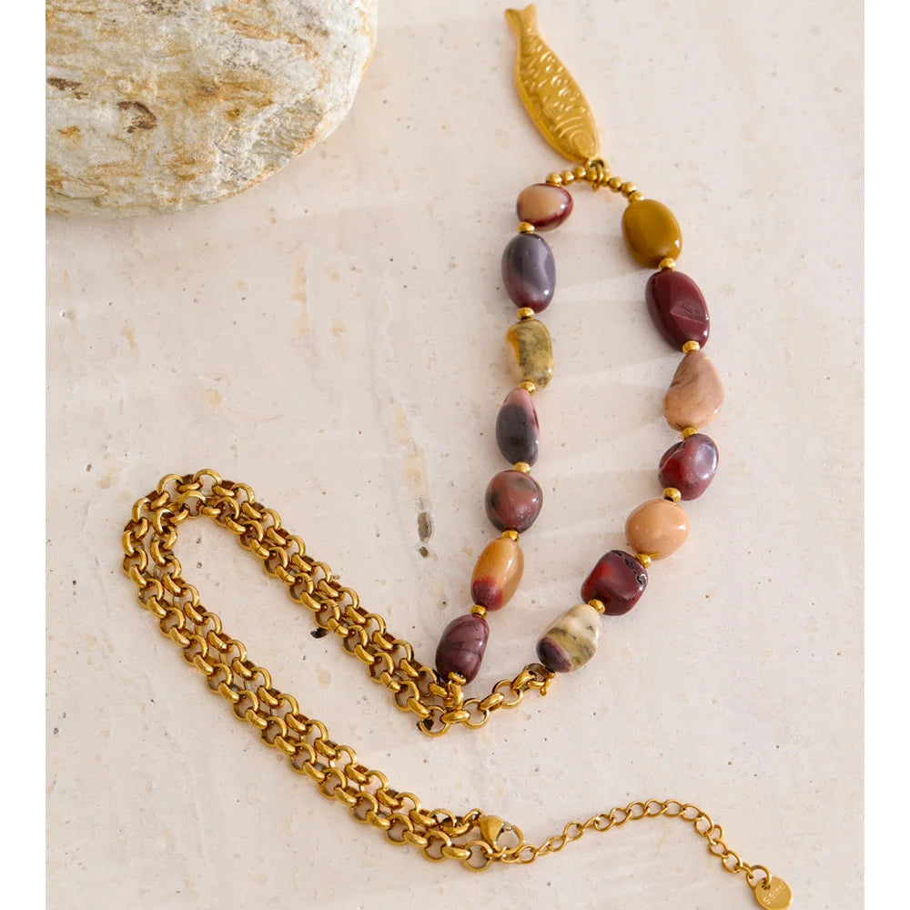 Yhpup Natural Stone Beads Chain Fish Pendant Necklace Ocean Series Stainless Steel Handmade Statement Jewelry Accessories