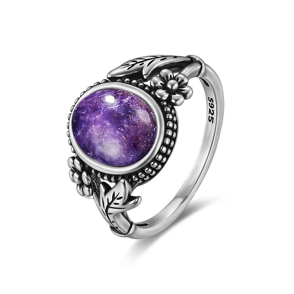 Vintage S925 Sterling Silver Natural 8*10mm Larimar Stone Ring Gift Flower leaf Shaped Moonstone Ring Fine Jewelry For Women