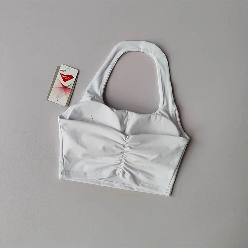 Summer New Sexy Hanging Neck with Chest Pads, Beautiful Back Sports Bra, Women's Light Luxury Fashion, Unique Pleated Sports Bra