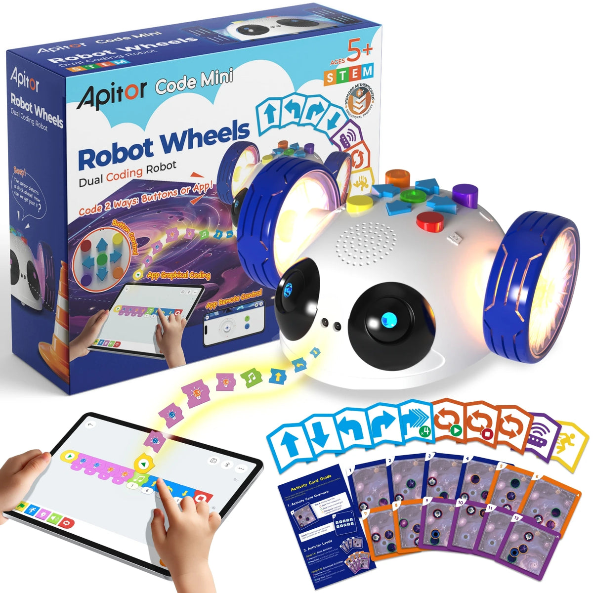 Apitor Robot Wheels Edu Coding Robot Kids Ages 5-7 STEM Toys Robotics Kit Screen-Free Coding Cards&App Control Children's Gift