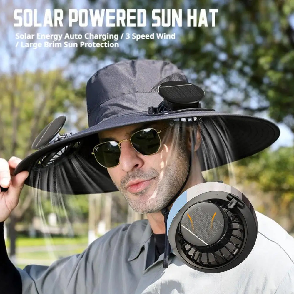 Solar Powered Cooling Hat with Dual Fans Built-in Sun Protection Wide Brim Baseball Cap Breathable Summer Hat for Fishing Hiking