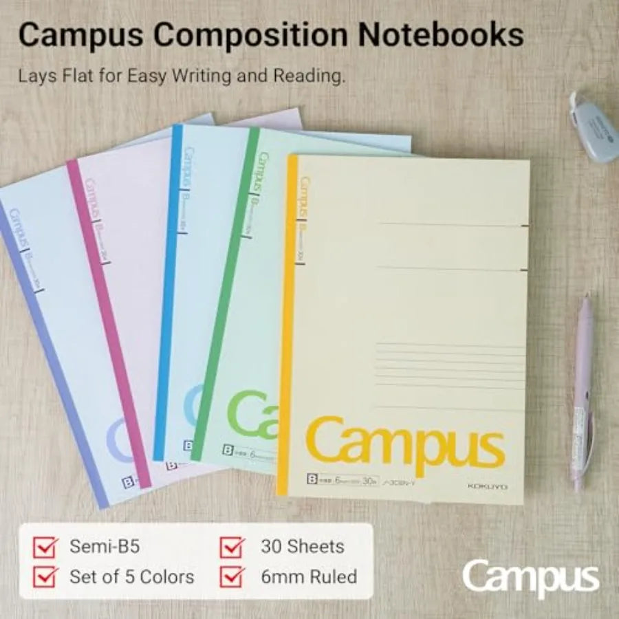 Composition Notebooks, 5 Pack Campus Semi-B5 Comp Book with B 6mm Ruled, 30 Sheets, Classic School Lined Notebook, Journal Note