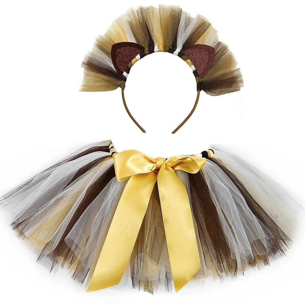 Girls Lion Tutu Skirt with Headband Fluffy Baby Girl Birthday Party Tutu Outfit Halloween Lion King Costume for Kids Tulle Skirt