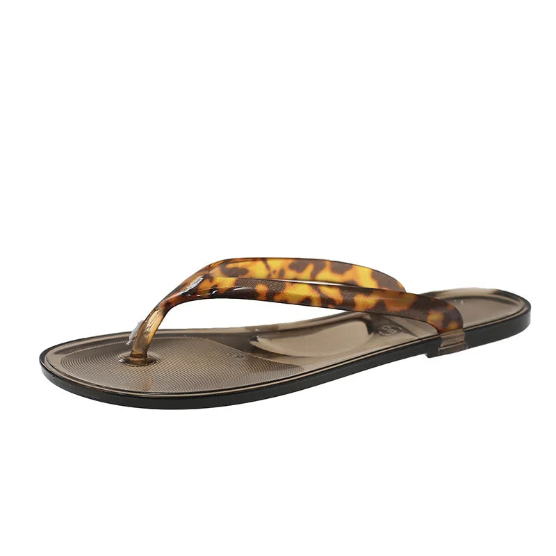 Women Leopard Print Jelly Flip Flops, Transparent Flat Thong Sandals Non Slip Summer Beach Casual Walking Slippers