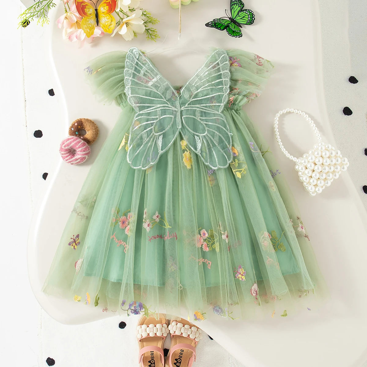 Summer Baby Girl Butterfly Wing Princess Dress Floral Embroidery Sleeveless Gauze Dress Girl Wedding Party Costume Nine Colors