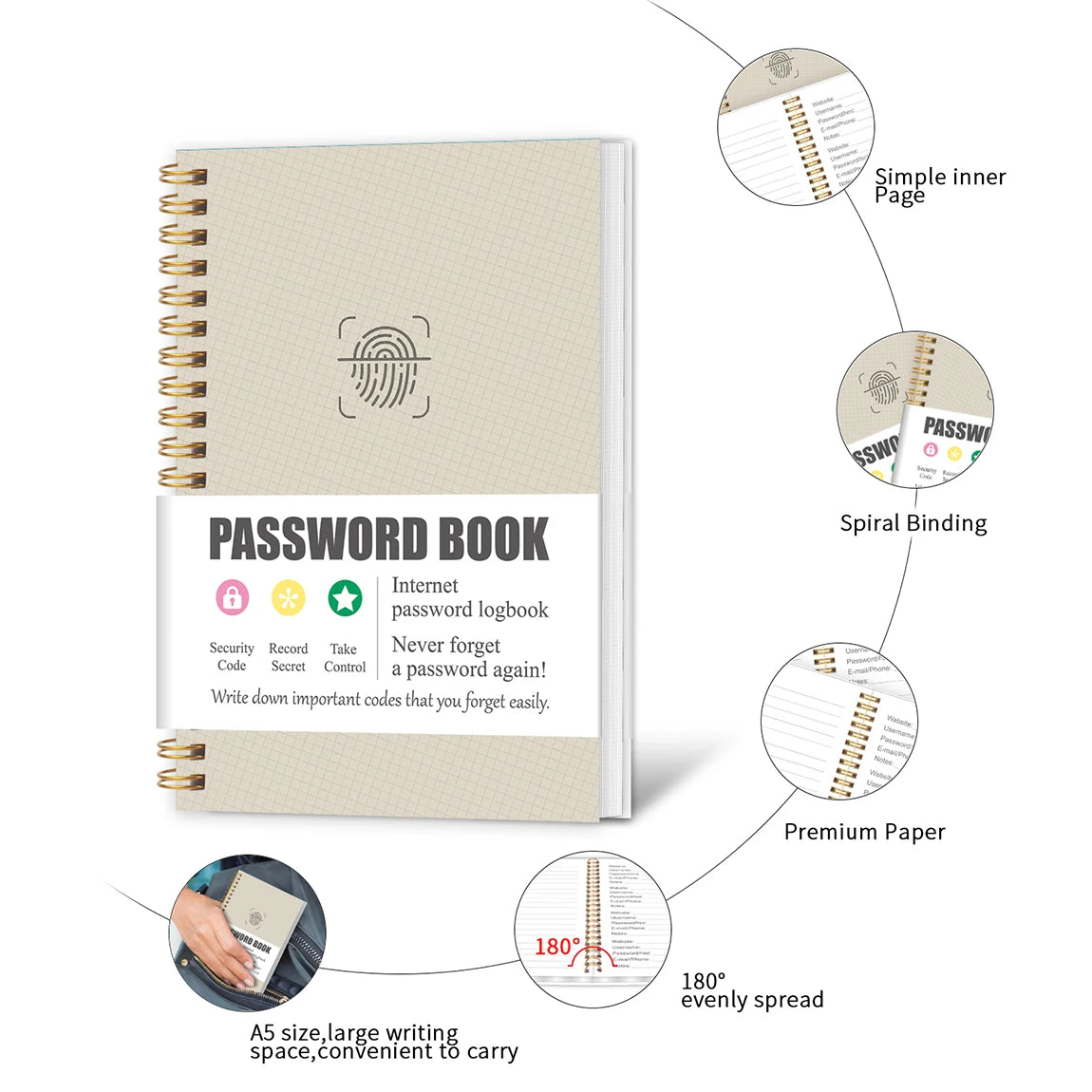 A6 Password Book Spiral Internet Password Organizer Notebook with Tabs for Login Records