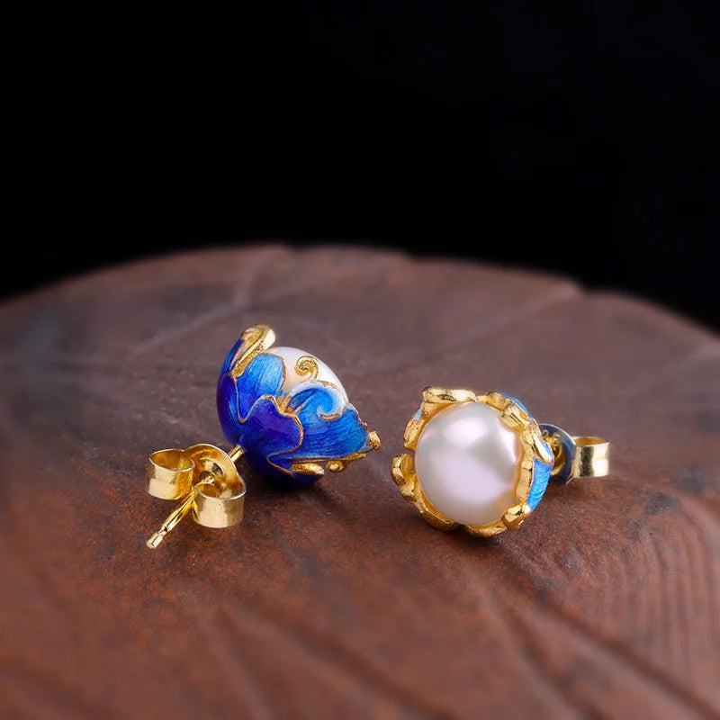Uglyless Retro Enamel Flower Stud Earrings for Women Natural 10MM Pearl MINI Studs Solid 925 Silver Floral Brincos Jewelry E1434