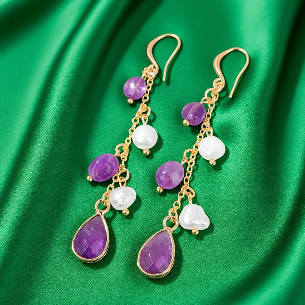 Natural Stone Long Earring Water Drop Pendent Amethysts Agates Lapis Lazuli Pearl Dangle Earrings for Women Girl Fashion Jewelry