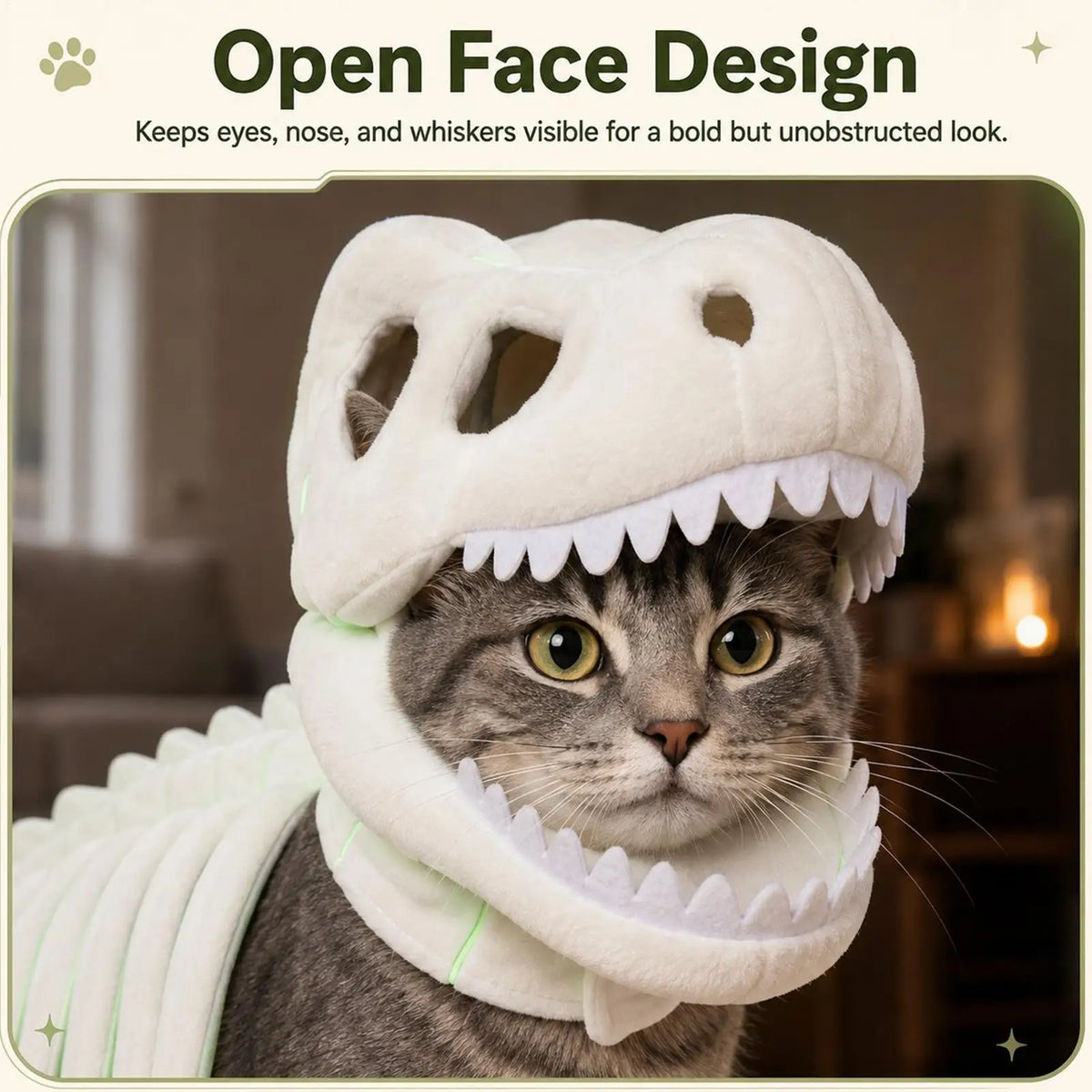 Funny Glow In Dark Dinosaur Skeleton Pet Outfit Soft Fluffy Dinosaur shaped Halloween Role Play Suit For Cats And Small Dogs
