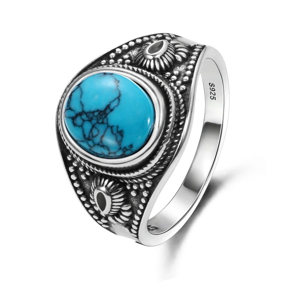 S925 Silver Oval Natural Turquoise Rings for Men Women Silver Fine Jewelry