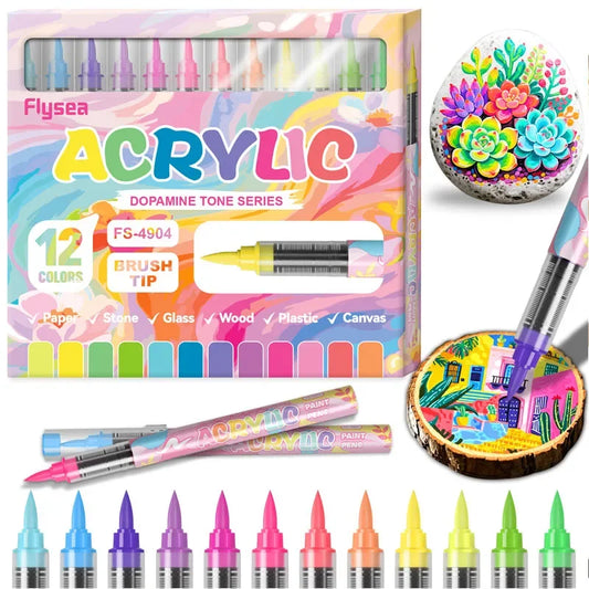 12 Colors Acrylic Markers Soft Brush Pen Tip 8 Color Systems for Drawing Anime Painting DIY Stone Glass Wood Gifts Art Supplies