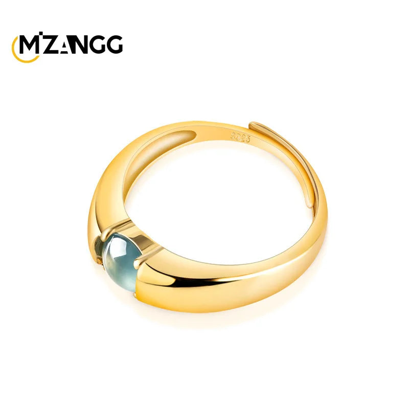 Natural Jadeite Blue Water S925 Silver Inlaid Egg Face Ring Fashion Luxury Glamour Women's Adjustable Jewelry