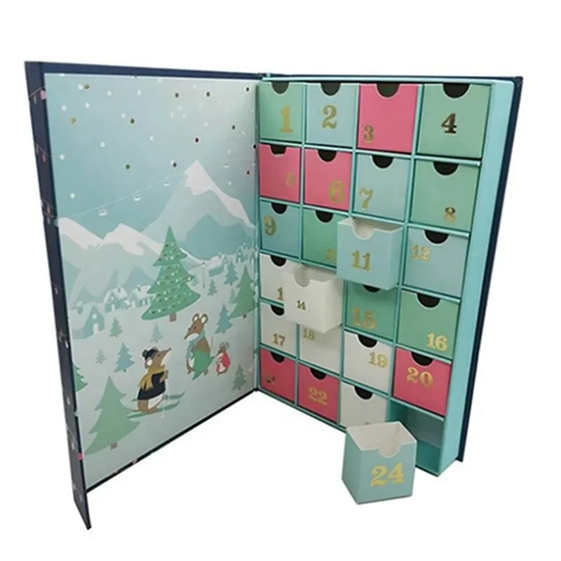 Custom 24 Drawers Xmas Empty Cardboard Paper Gift Beauty Cosmetic Packaging Countdown Christmas Advent Calendar Box