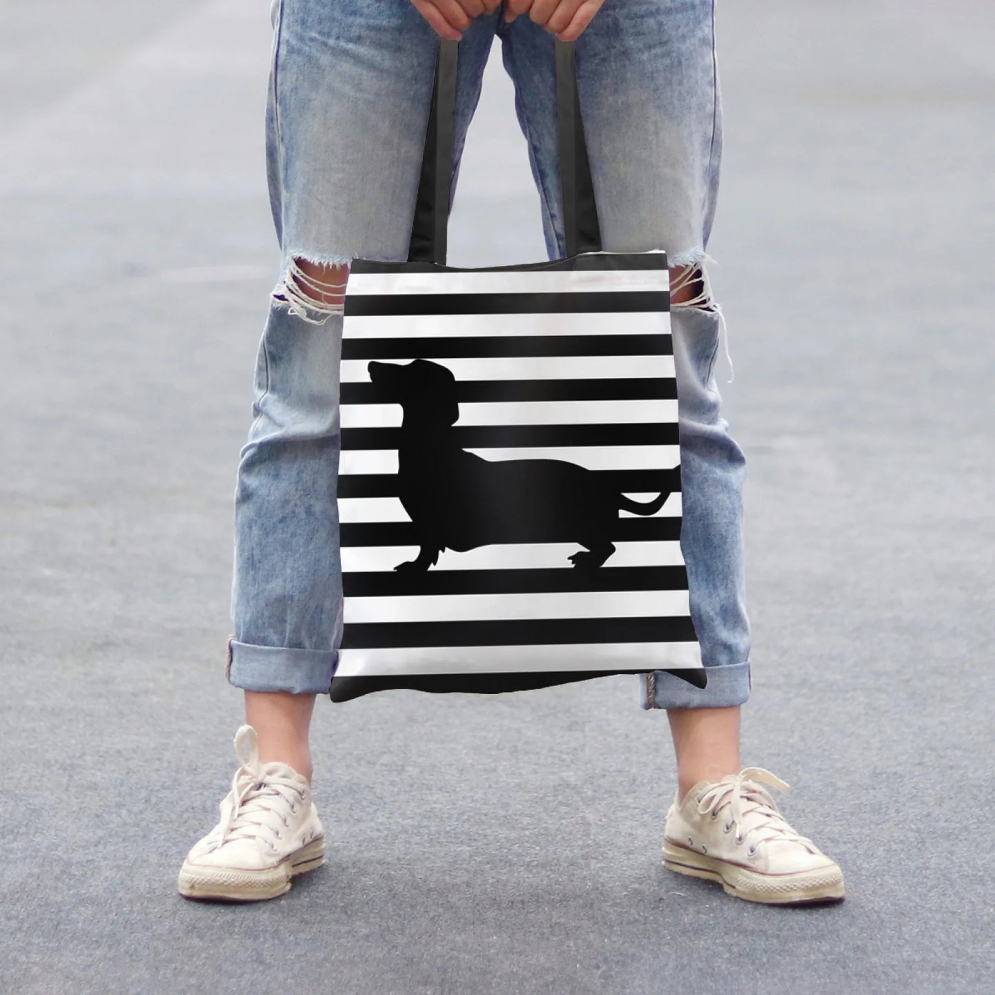 Chic Dachshund Print Tote Bag Large Capacity Casual Shoulder Handbag for Women Sturdy Polyester Reusable Grocery Shopping Bag