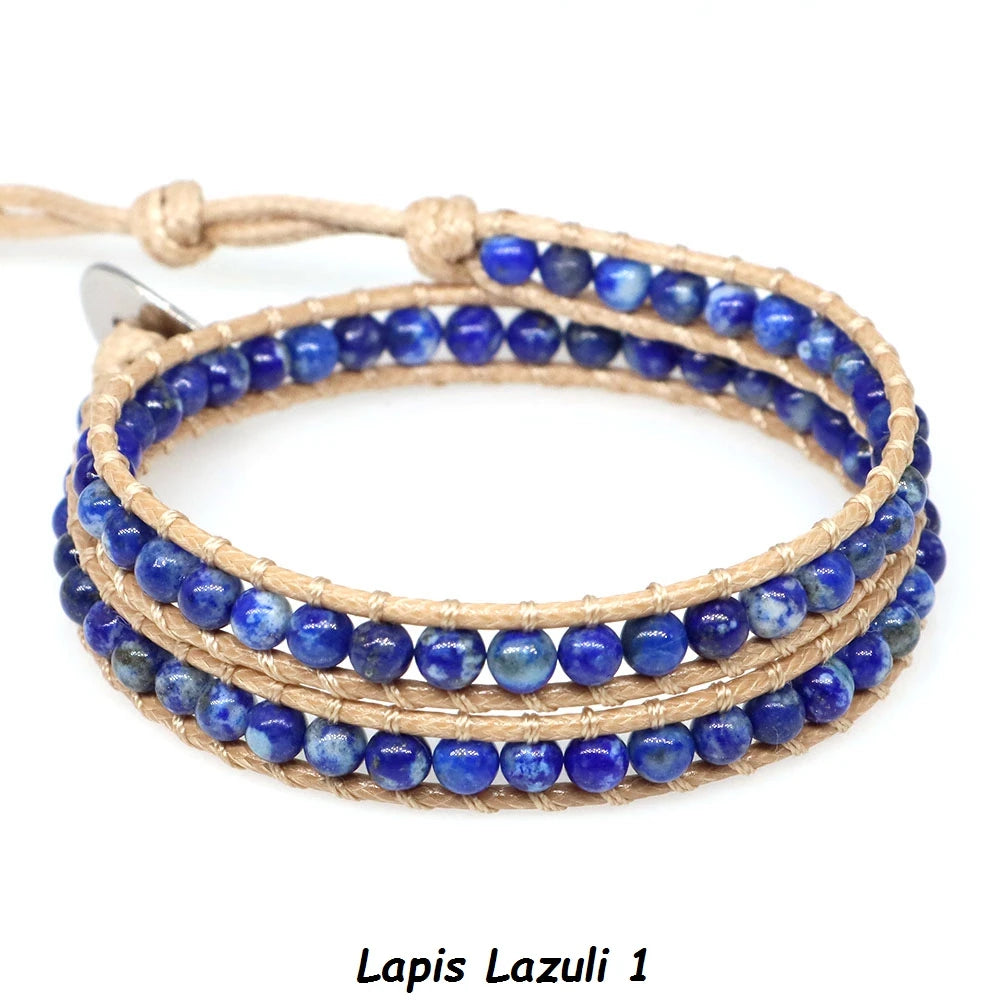 Natural Stone Bohemian Wrap Bead Bracelet Lapis Lazuli 2 Strands Multilayer Leather Rope Woven Bangle For Women Men Jewelry Gift