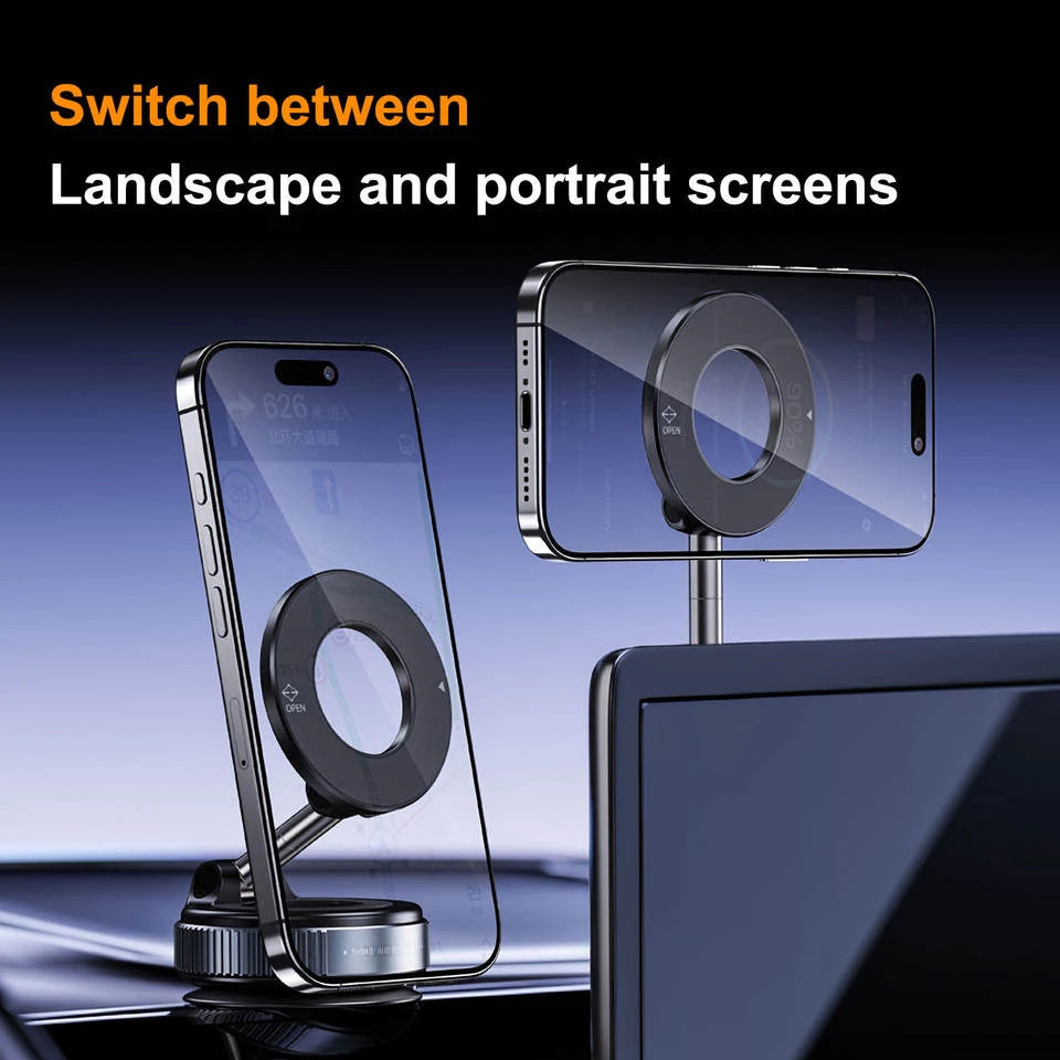 New car phone holder with magnetic suction, folding vacuum suction, rotating folding mechanism, and large silicone suction cup.