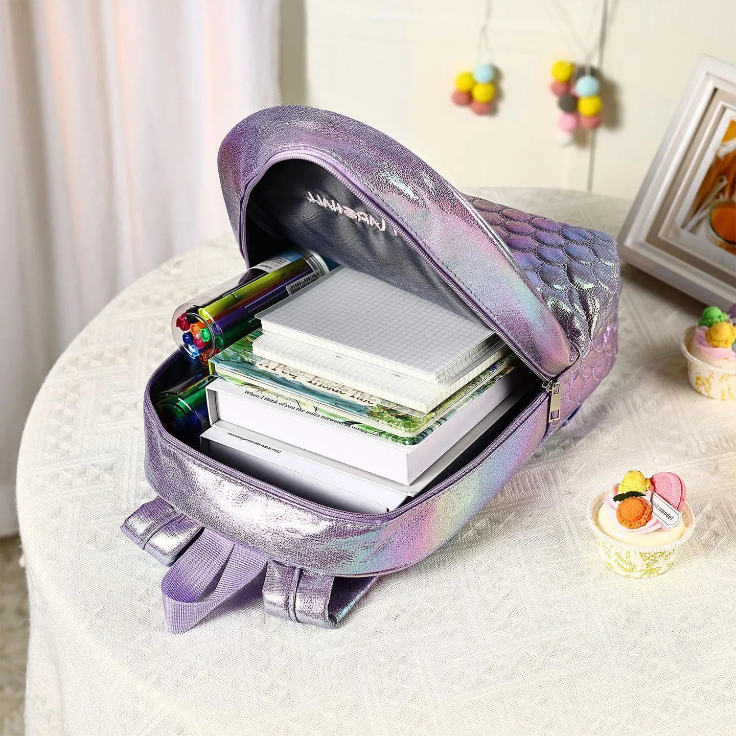 Iridescent Mermaid Tail PU Backpack for Girls  Custom Name Embroidery Adjustable Straps 6 Colors Lightweight School Bag