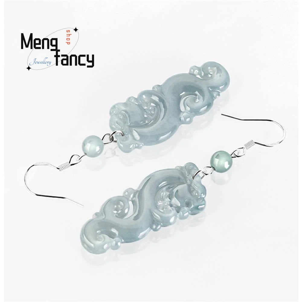 S925 Silver Inlaid Natural A goods Jadeite Blue Water Retro Dragon Ice Jade Earrings Exquisite High-grade Luxury Quality Jewelry