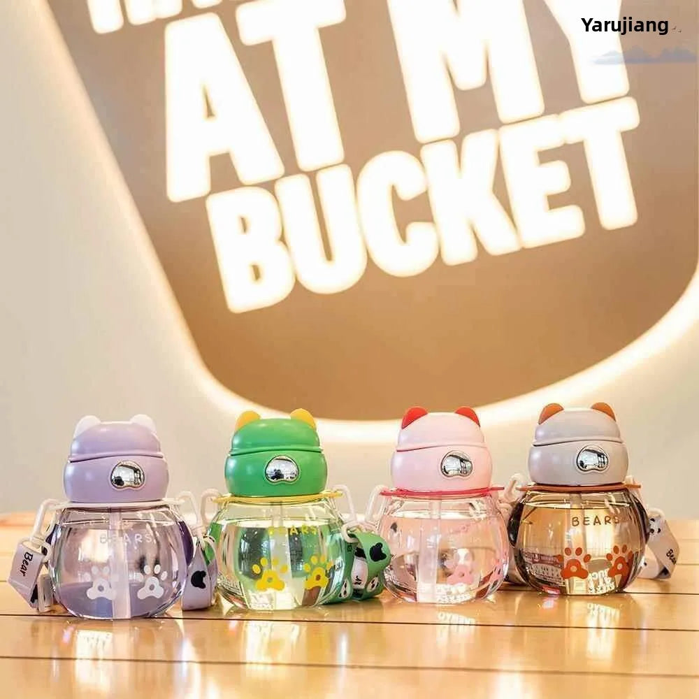 Children's Plastic Straw Cup Portable Sling Cup Boys Girls Elementary School Summer Water Bottle Cute Small Cute Stool Cup