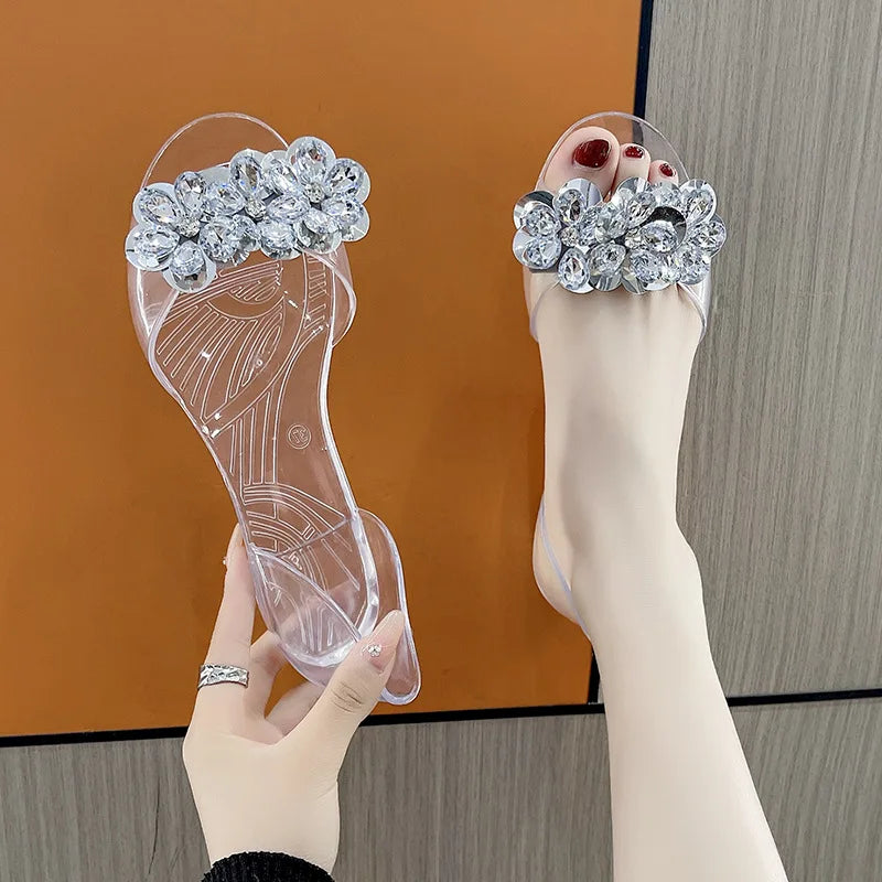 2026 Summer Women Glitter Sequins Jelly Sandals Clear Crystal Flat Peep Toe Transparent Outdoor Casual Slip On Footwear