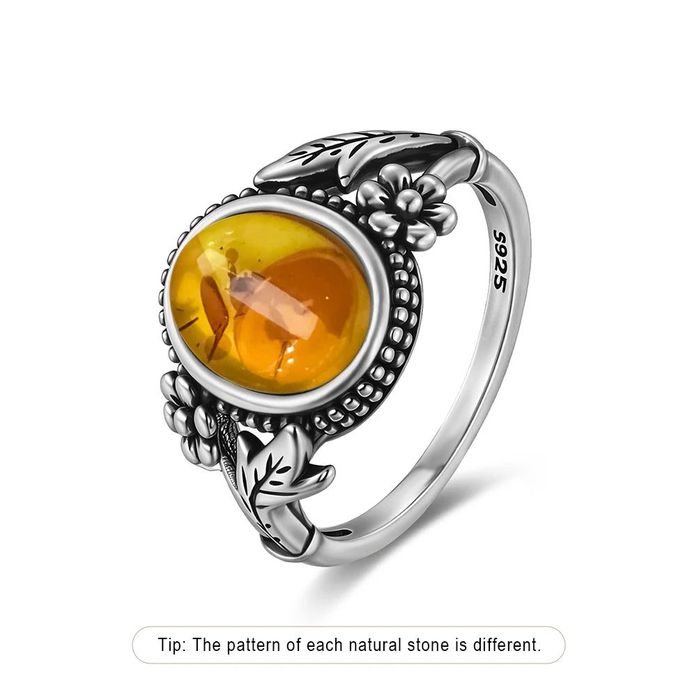S925 Sterling Silver Ring With Natural Amber Stone Flower Shape Oval Petal Amber Stone Gifts Fine Jewelry For Women