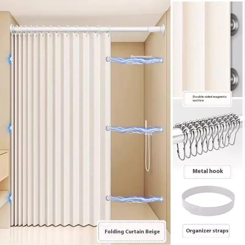 Magnetic Foldable Linen Bath Curtain Waterproof for Walk-In Shower - No Included Adjustable Rod