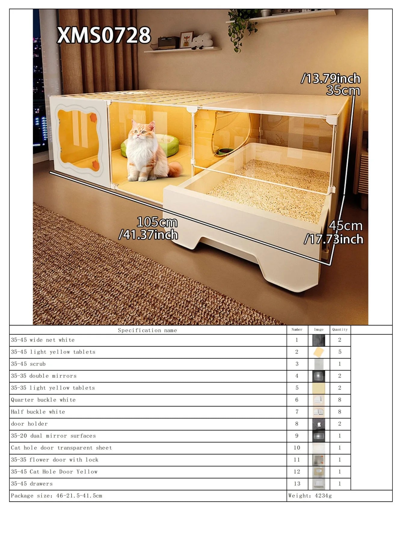 Cat Cage with Drawer-Type Litter Box, Indoor Kitten House with Toilet, Cat Cabinet with One Bedroom, One Living Room, and One Bathroom, Kitten Villa